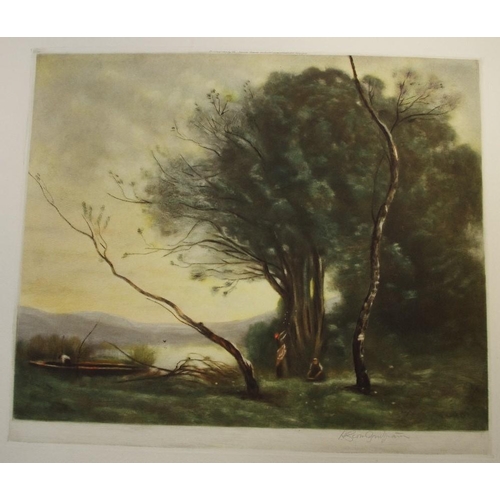 50 - Jean Baptiste Camille Corot, after, H Scott Bridgwaer, by, Dance of the Nymphs, coloured mezzotint, ... 