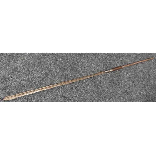 3041 - A Maasai lion spear, 88cm fullered blade, hardwood grip, spike pommel, 166cm long overall, c.1900