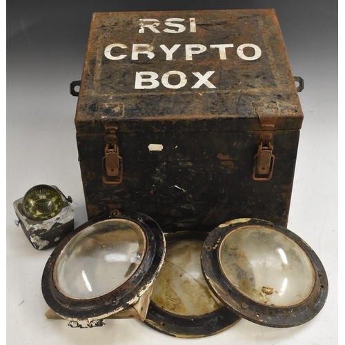 3307 - World War Two - RAF, a painted steel field box, marked RSI Crypto Box, 38cm wide; a gimbal compass; ... 