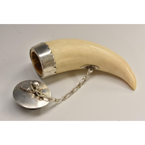 3086 - A 19th century Scottish silver coloured metal whale tooth snuff mull, the push-fitting cover linked ... 