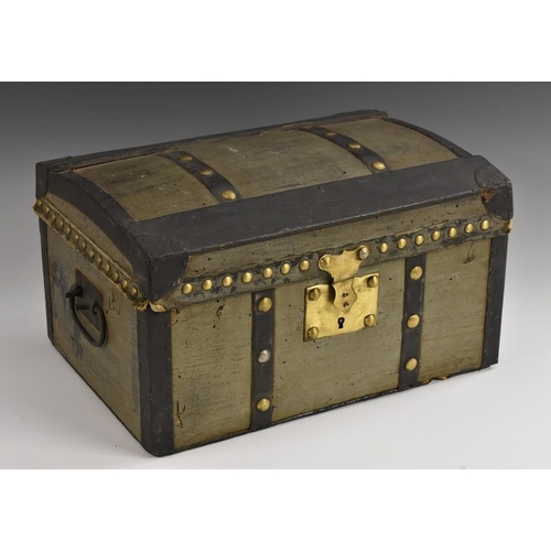 3093 - A 19th century travelling trunk, of small proportions, brass studded borders, 36cm wide