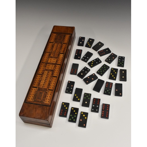 3094 - A 19th century walnut and parquetry rectangular cribbage box, the hinged cover marked out for games,... 