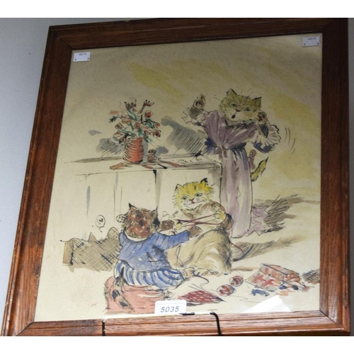 5035 - In the manner of Louis Wain, Cats At Play watercolour, 44cm x 35cm