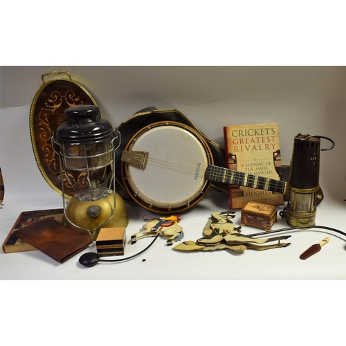 5058 - Boxes and Objects  - a Richard Johnson miners lamp; marquetry tray; boxes; books; metal model of a N... 