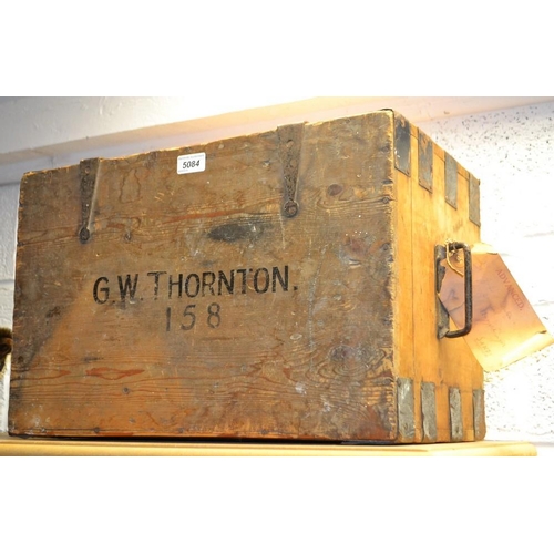 5084 - A small pine metal bound chest/box, G W Thornton 158