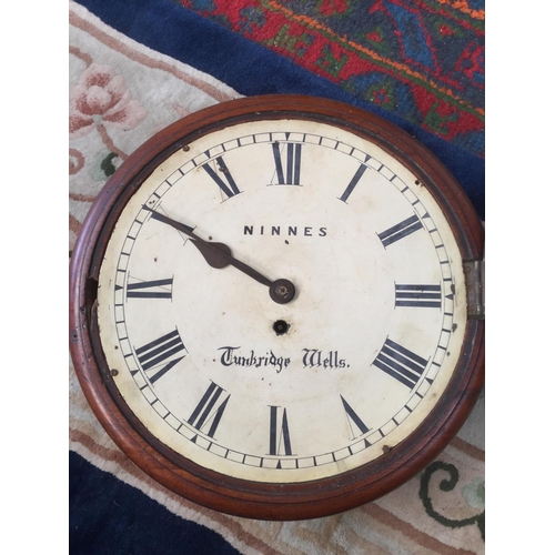 126 - A 19th century mahogany cased wall timepiece, 29cm white dial, with Roman numerals, inscribed  Ninne... 