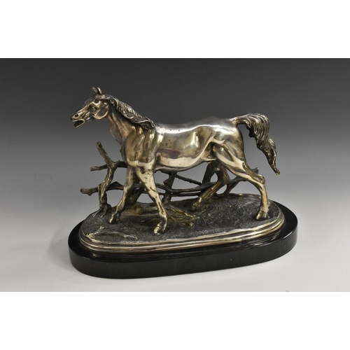 132 - After Pierre-Jules Mêne (1810 - 1879), a silvered equestrian sculpture, Cheval à la Barrière, the ho... 