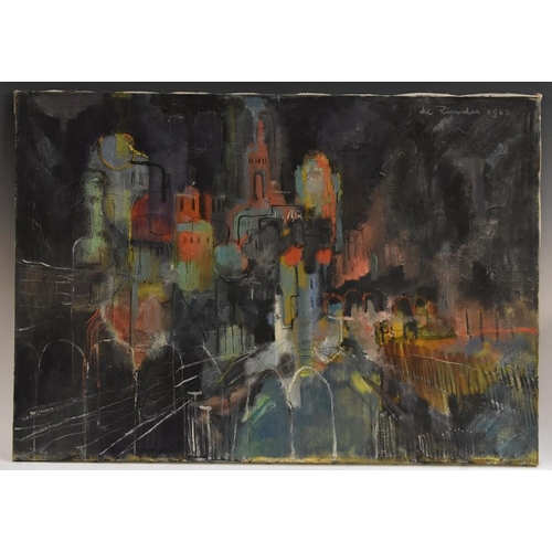 3003 - Abstract School (mid 20th century) The City at Night indistinctly signed 'de Rhodes' ?, dated 1963, ... 