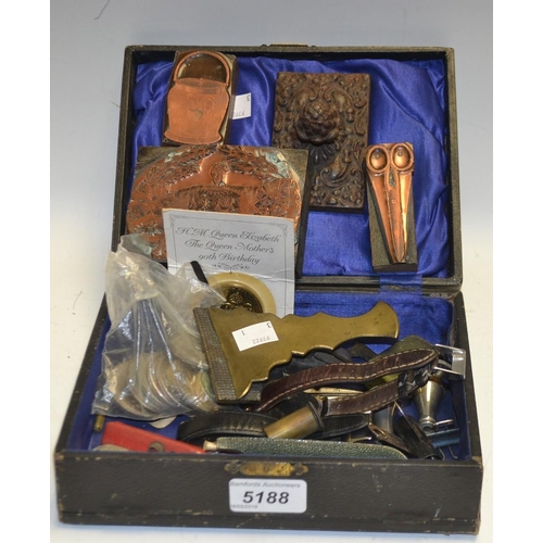 5188 - Boxes and Objects - a copper printing plate, as a pair of scissors; others, flowers, etc; a letter c... 