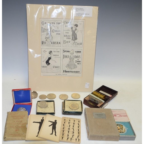 5193 - Boxes and Objects - a silver one dollar, mounted; other coins; playing cards; telescope parts; etc