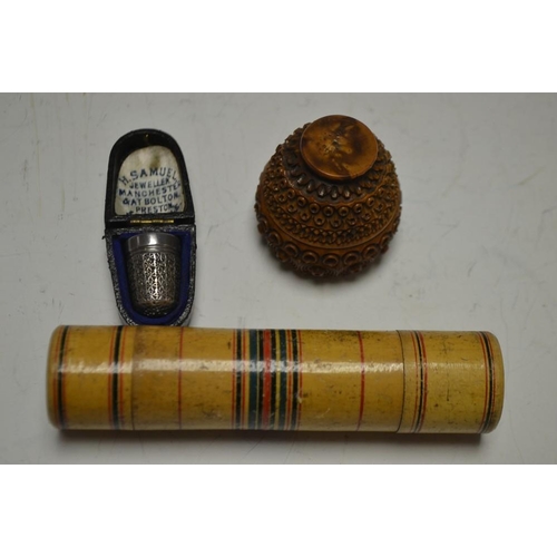 5202 - Boxes and Objects - a silver coloured metal thimble, pat no rd 127211, H Samuels leather case;  lign... 