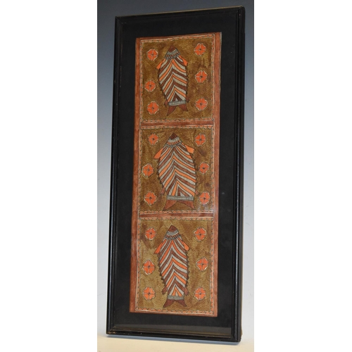 3025 - Australian Aboriginal School A Trio of Stylised Fish mixed media, 53cm x 17.5cm