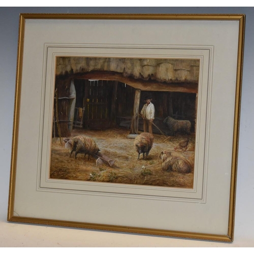 3028 - Bertha Rhodes Tending the Sheep Barn signed, watercolour, 25.5cm x 31cm