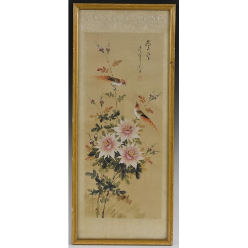 3036 - Chinese School Birds, Flowers and Verse red seal stamp, watercolour on silk, 61cm x 26cm