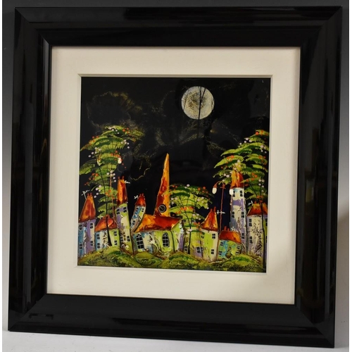 3038 - Christopher Bell (contemporary) Village Scene signed, fused glass, 40cm square