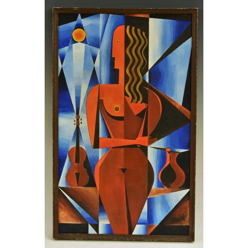 3050 - Cubist School (20th century) Three Feminine Forms oil on board, titled to verso, 50.5cmx 30.5cm