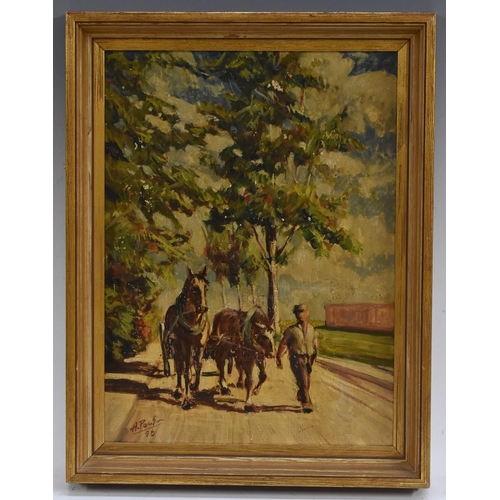 3051 - Cypriot School Man with a Horse Drawn Cart indistinctly signed, oil on board, 40cm x 29.5cm