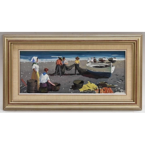 3059 - Domenech Catalan Fishermen Tending to their Nets signed, oil on board, 19cm x 46cm