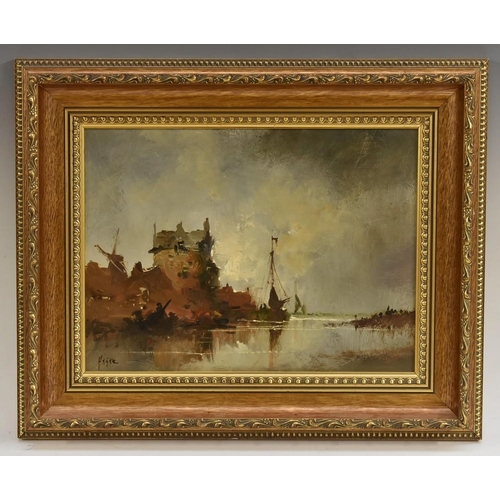 3062 - Dutch School (20th century) Impressionist Dutch Landscape with Mill and Barge indistinctly signed, o... 