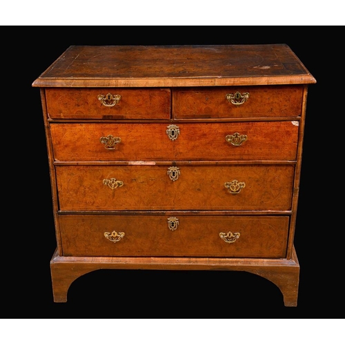 205 - A William and Mary walnut rectangular chest, crossbanded quarter veneered top with moulded edge abov... 