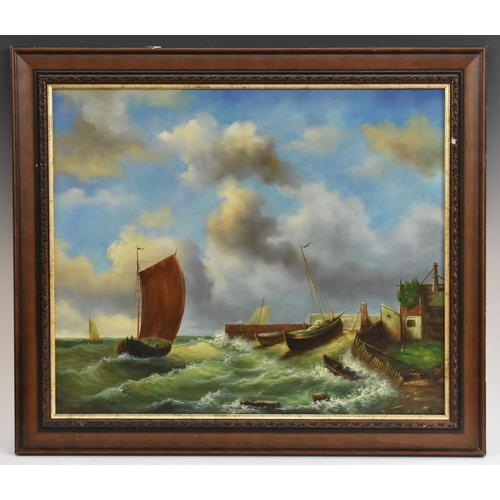 3065 - E Ponthier The Slipway in a Storm signed, oil on canvas, 49cm x 59cm