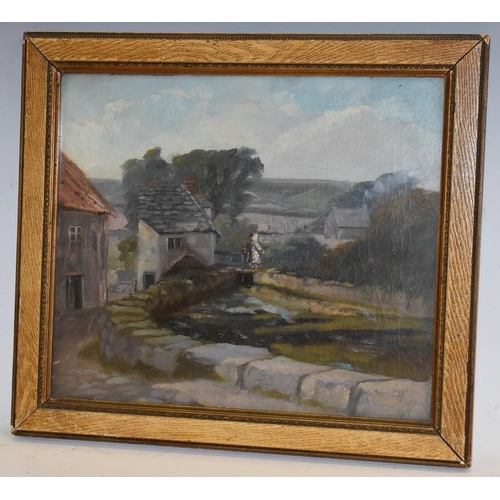 3066 - Early 20th century English School A Girl Crossing the Village Stream oil on canvas, 30.5cm x 36cm