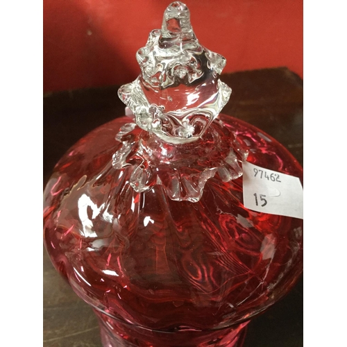 278 - A Victorian Cranberry glass lidded bowl, spiked ball finial; another, similar lidded jar; a Cranberr... 