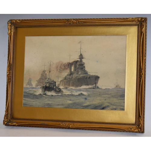 3231 - W. Minshall Birchall Battle Cruisers at Sea signed, watercolour, 24cm x 33cm