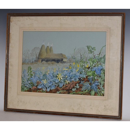 3235 - Wendy S. Rapley Celendines and Oast signed, titled to verso, watercolour, 31cm x 43cm