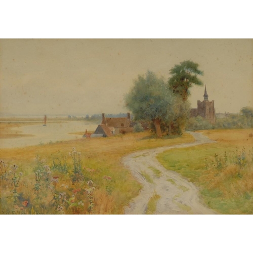 438 - Walter Follen Bishop (1856 - 1936) A pair, The Village Church and Cottages Overlooking the Estuary  ... 