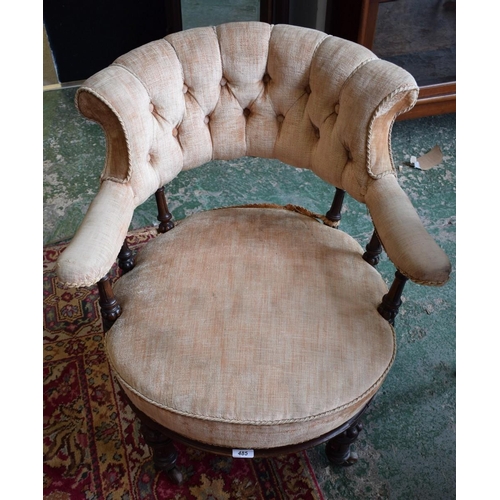 485 - A Victorian walnut drawing room chair, deep buttoned stuffed over upholstery, curved back and arm ra... 