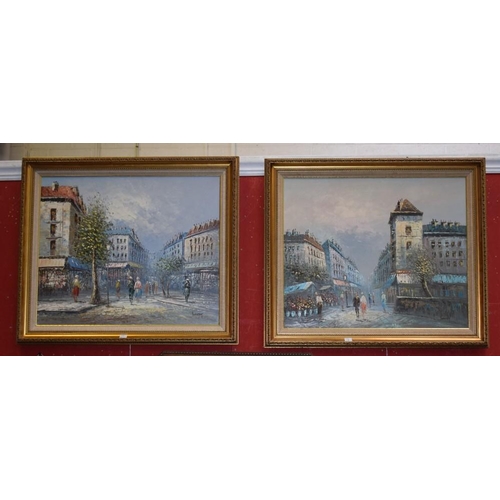 543 - Burnett A pair, Parisian Street Scenes signed, oils on canvas (2)