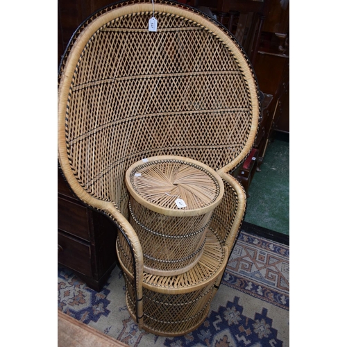 627 - A retro 1970's wickerwork peacock chair and foot stool (2)