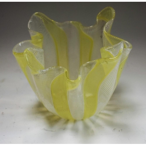 77 - A Murano glass handkerchief vase, spirally fluted with opaque white and uranium panels