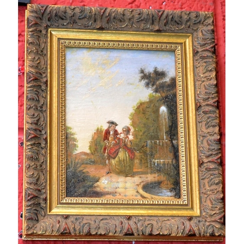 135 - English School (19th century) Courting Couple Beside a Fountain unsigned, oil overpainted on panel, ... 