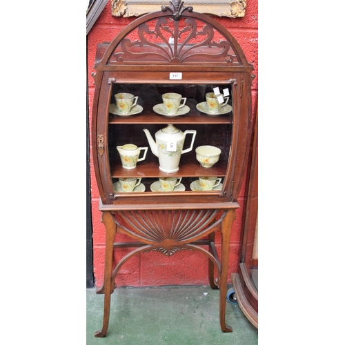 137 - A 20th century mahogany display cabinet, rectangular top crested by a stylised domed anthemion above... 