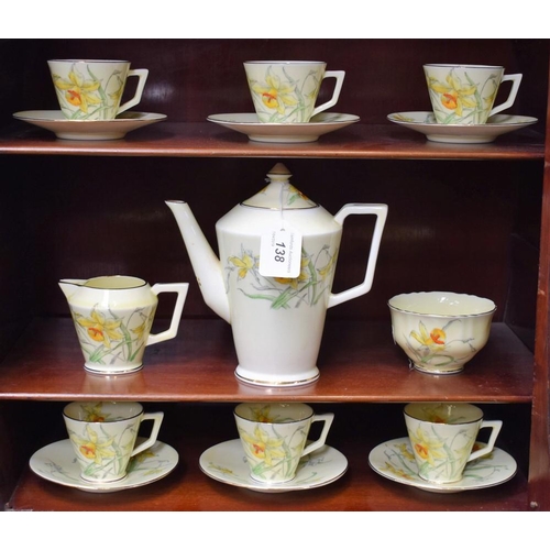 138 - A Crown Staffordshire Daffodils pattern coffee set, for six, comprising coffee pot, cream jug, sugar... 