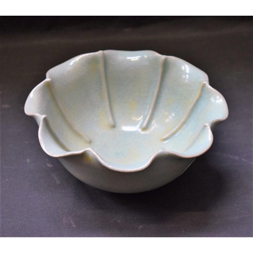 145 - A Chinese pottery celadon glazed song bowl, ridged lobed body, crackle glaze, unmarked, 15.5cm diame... 