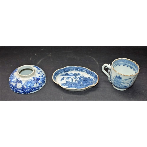 148 - An 18th century Chinese cup, blue and white, Pagoda pattern; a 19th century Chinese inkwell; a Chine... 