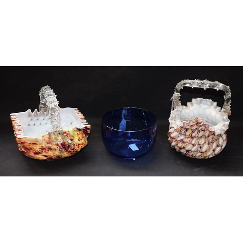 149 - Glassware - a Victorian mottled glass basket, handle as a branch; another similar; a Bristol Blue ci... 