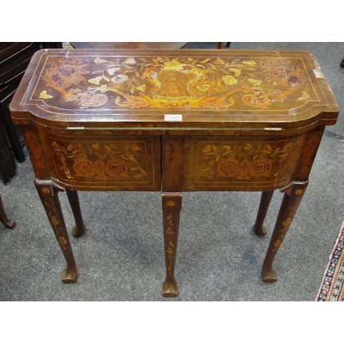 180 - A marquetry wage table, hinged top, guinea hole, drawers to either side, cabriole legs