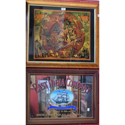 153 - Advertising - an East India Company mirror, framed; a reverse print on glass, Hemisphæ, framed (2)