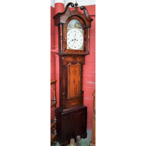 167 - An oak and mahogany longcase clock, 32cm arched painted dial, the case with a swan neck pediment, sh... 