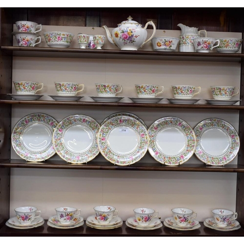 174 - A Royal Crown Derby Blue Line Posies pattern tea service, for six, comprising cups, saucers, side pl... 