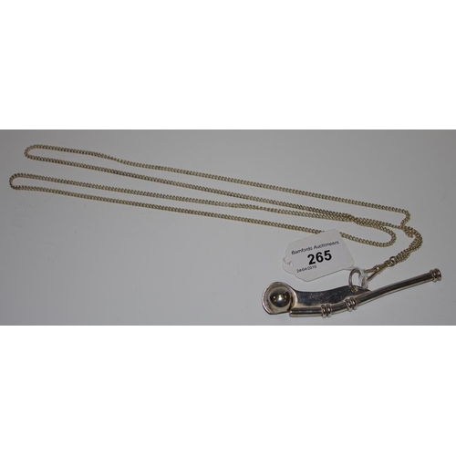 265 - A bosun's whistle, silver coloured metal chain