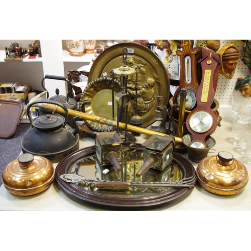 100 - Boxes & Objects - a Sheraton Revival banjo barometer; carriage lanterns; copper foot warmers; etc qt... 