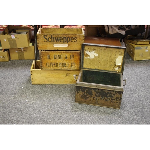 125 - Advertising - a Schweppes crate; H. King & Co. (Liverpool) Ltd crate; a Milner & Son metal safe box,... 