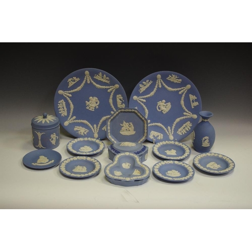 144 - Wedgwood Jasperware - including plates, vase, pin dishes, trinket dishes, trinket pots and covers.