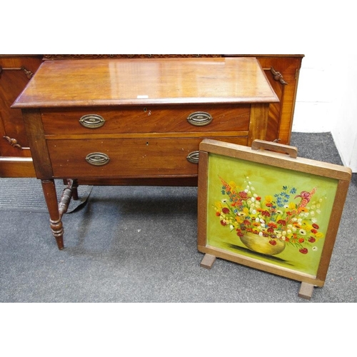 161 - A Victorian mahogany two drawer washstand; and oak firescreen painted with floral still life. (2)