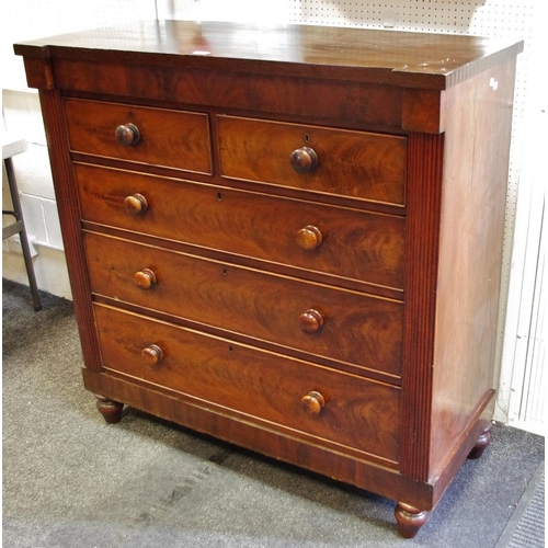 166 - A Victorian flame mahogany chest, inverted breakfront top, secret drawer over two short cockbeaded d... 